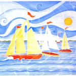 Regatta, white line block print  SOLD (past)