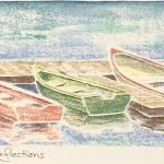 Dinghy Dock Reflections, white line block print, 4x8", Matted/framed: 8x12"