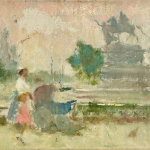 Plaza Scene with Mother and Children 
14 x 18 Oil on Canvas